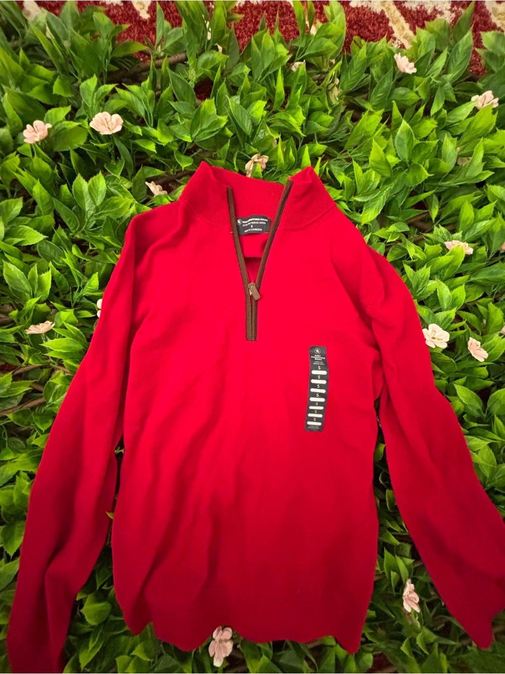 Hart Schaffner Marx Red Half-Zip Sweater with Brown Trim Wool -S - Picture 2 of 4
